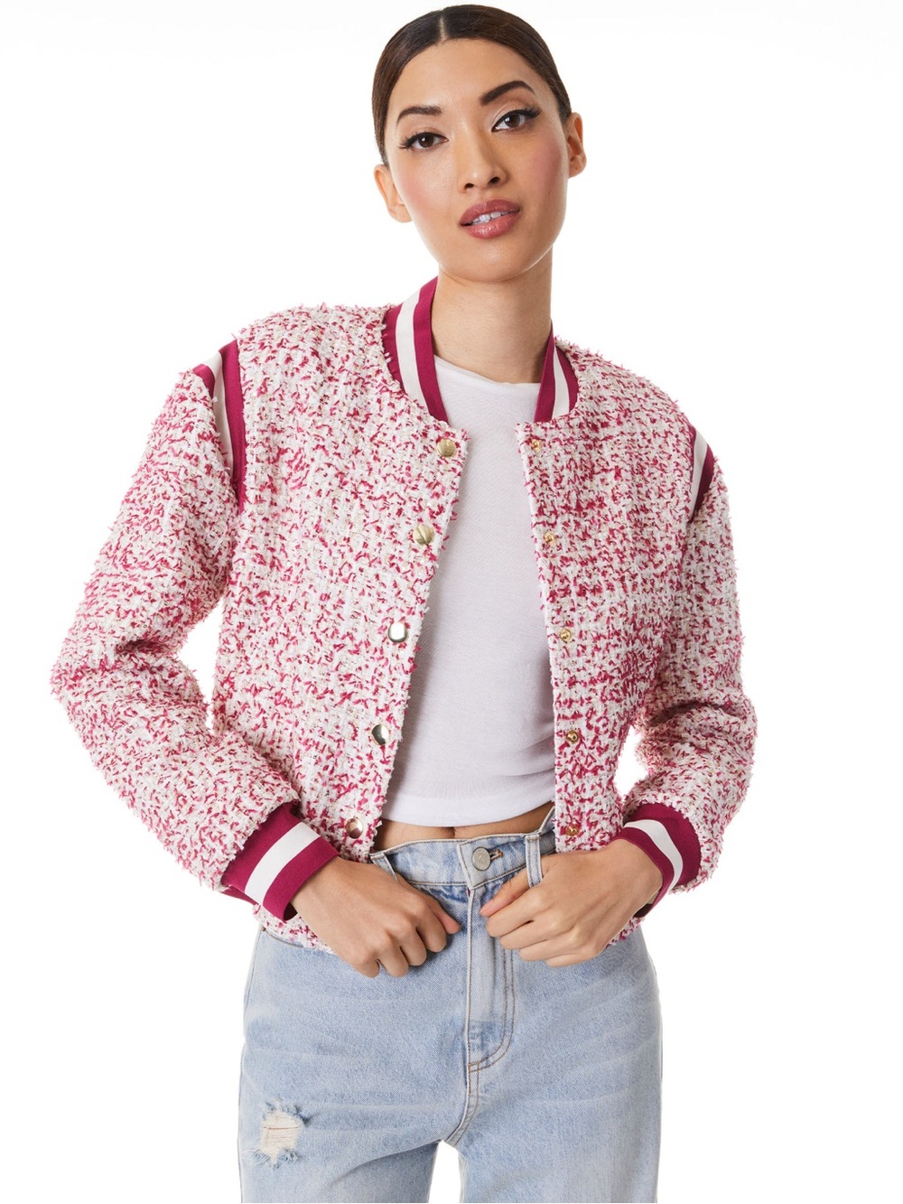 ALICE + OLIVIA Keri Varsity Jacket in Off White/Raspberry
